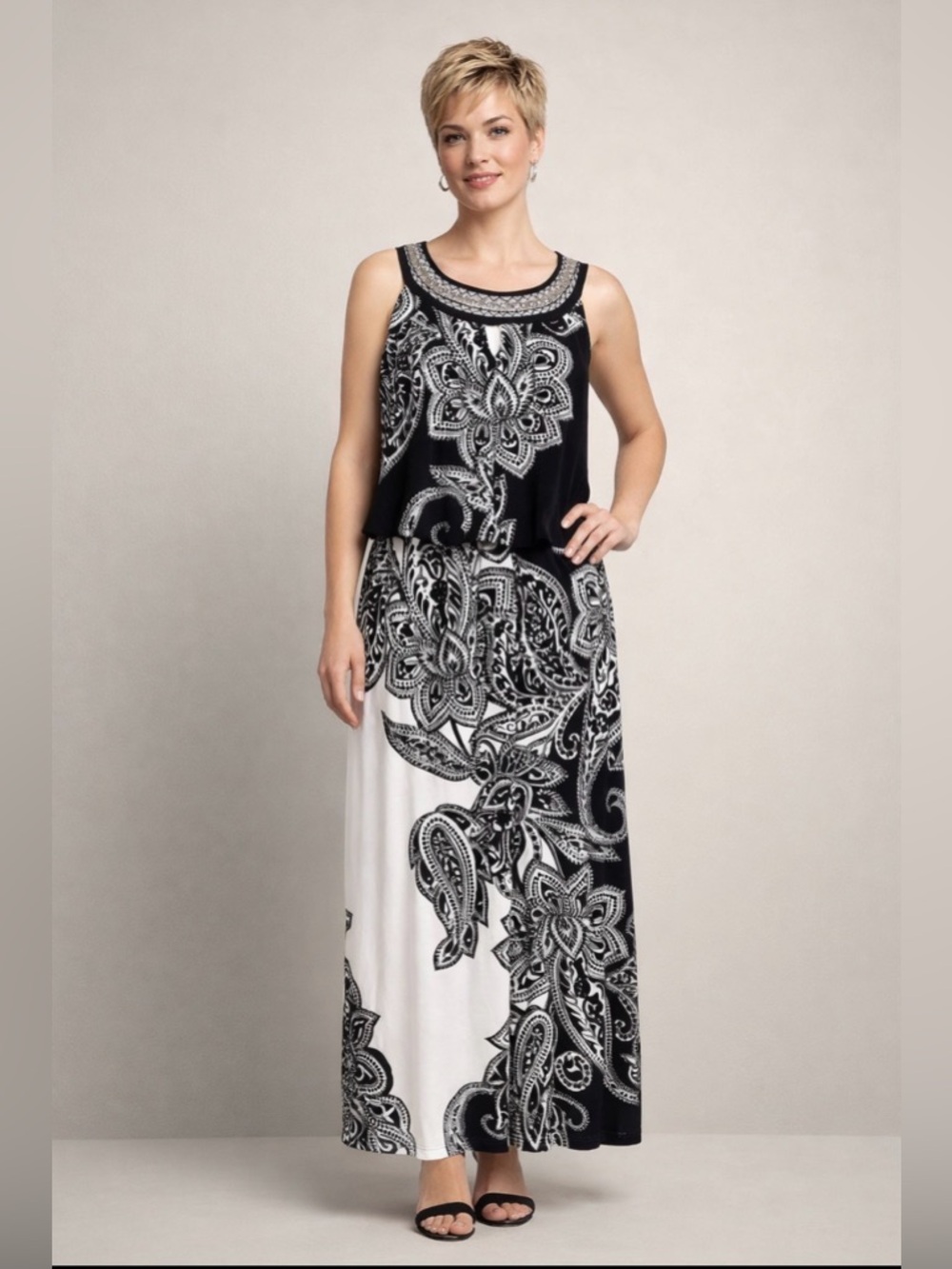 Sandra Darren black & white paisley halter maxi dress